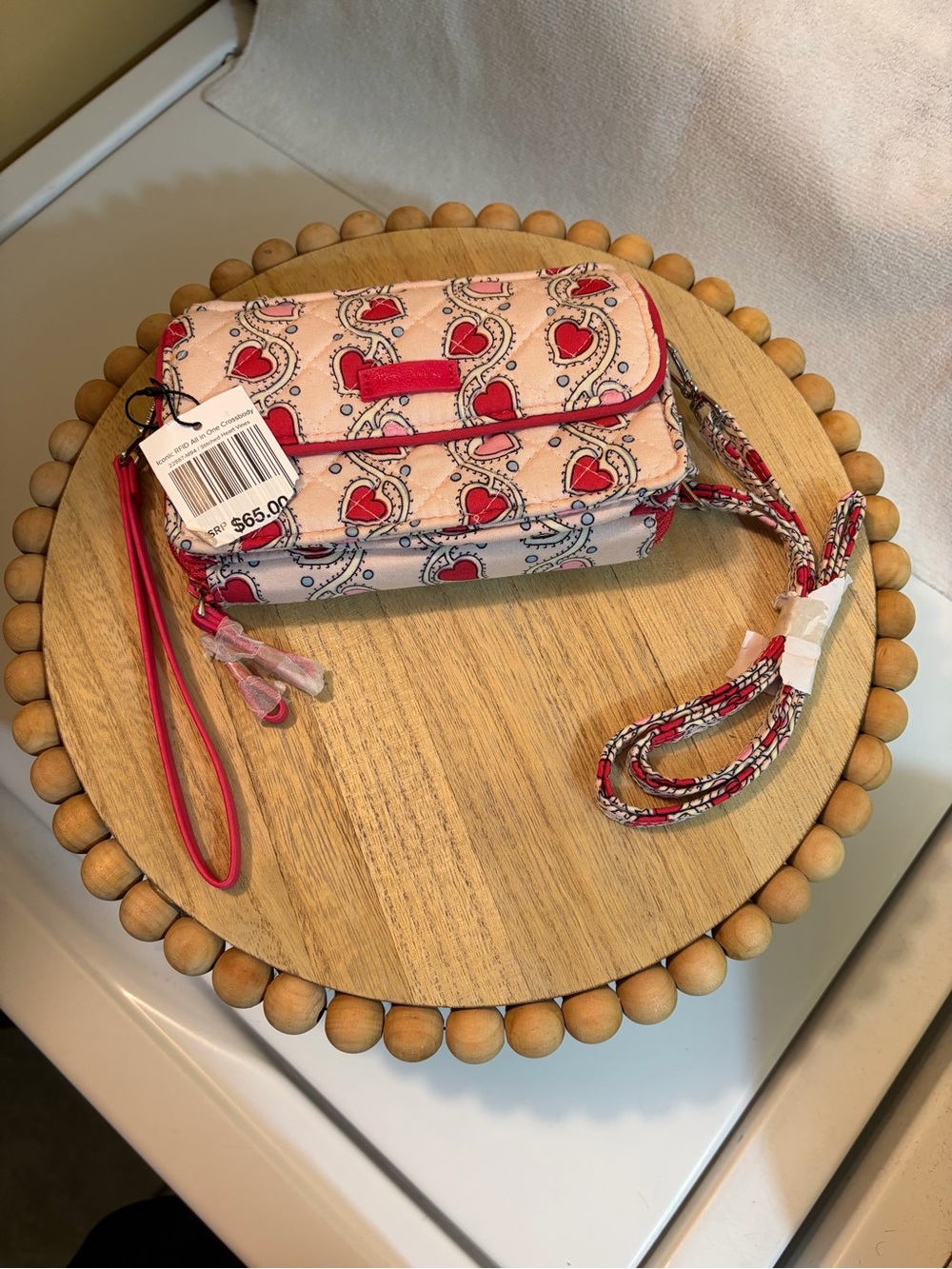 Vera Bradley Pink Heart-Print Wristlet with Red Accents